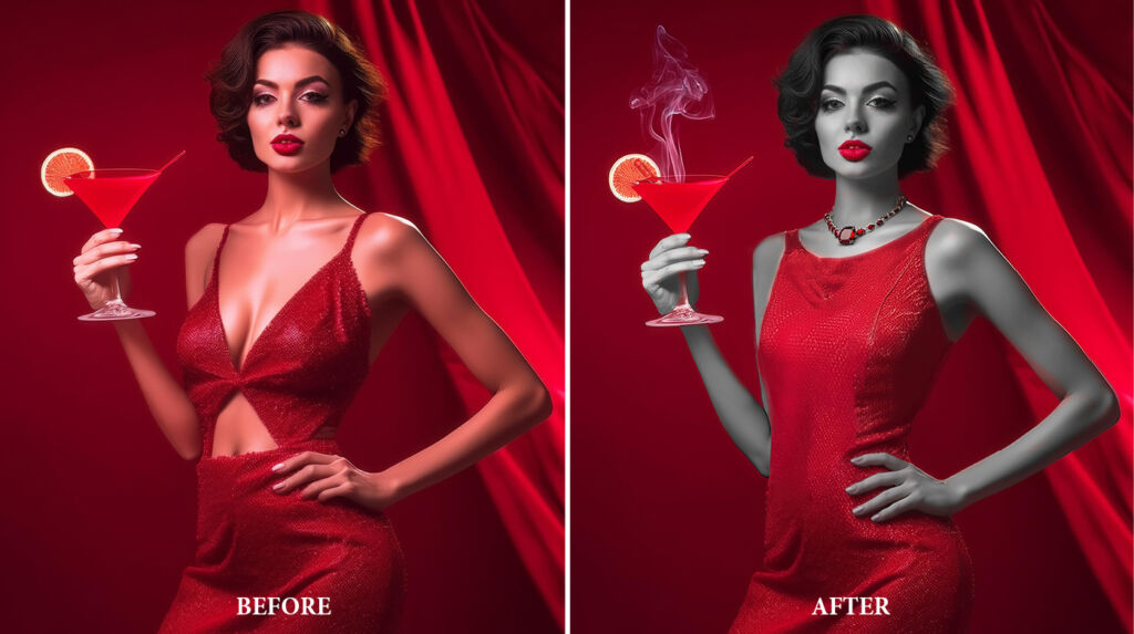 Before and after of AI generated Lady in Red